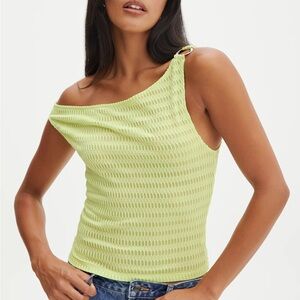 Asymmetric Going Out Top, Neon Yellow Textured Top with silver hardware